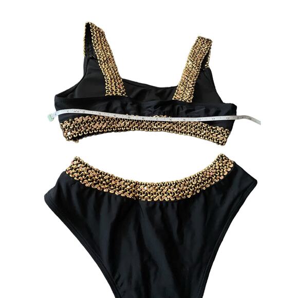 Egyptian Style 2 PCHi Waist Bikini Swim Size Large Black Gold Sequin Trim New - Picture 13 of 16